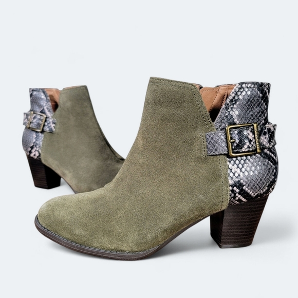 Vionic Naomi Snakeskin Olive Suede Ankle Boots Size 8 Green - Picture 1 of 14